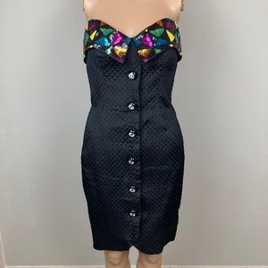Vintage Lillie Rubin Strapless Black and Multicolor sequin cocktail Dress Size 2